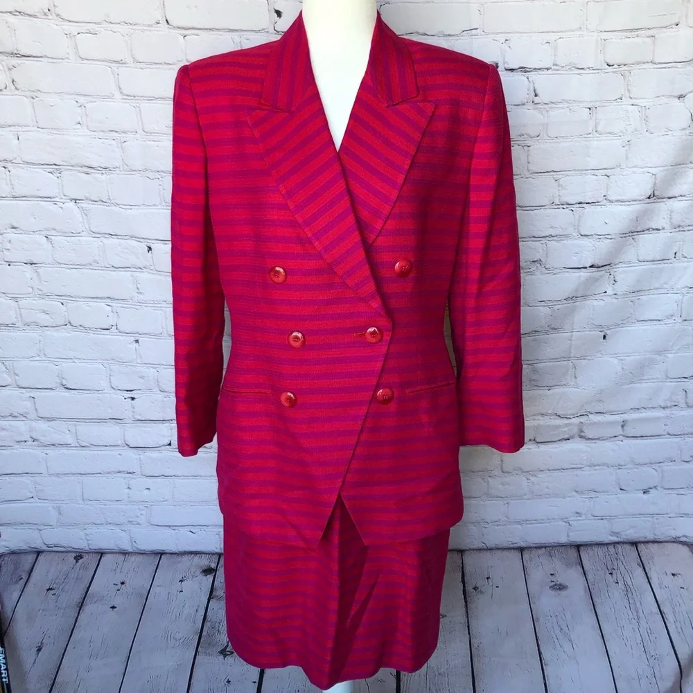Christian Dior Vintage Pink Striped Blazer and Skirt Suit Set Size 12